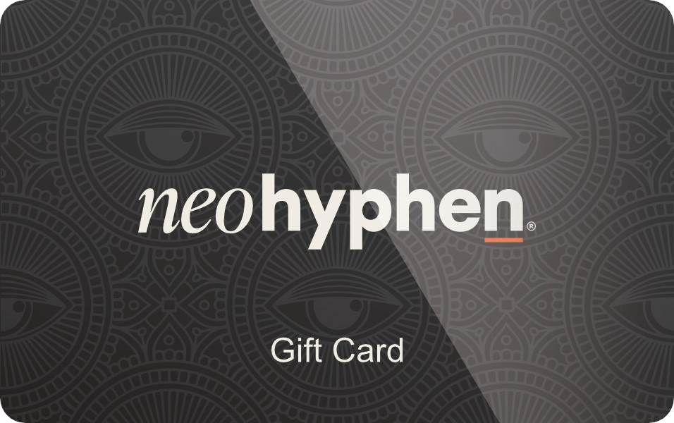 Black gift card with an eye pattern on. In the middle of the card there is a Neo Hyphen logo
