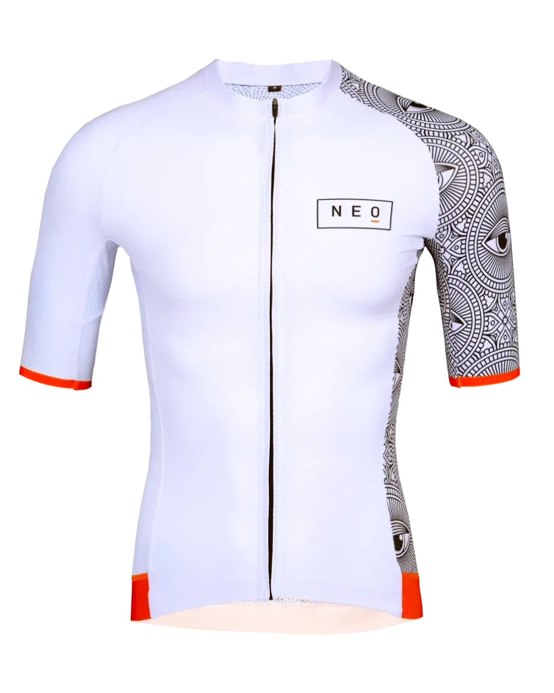 Men's Neo Hyphen All-Seeing Eye Jersey in white with striking orange accents displayed.