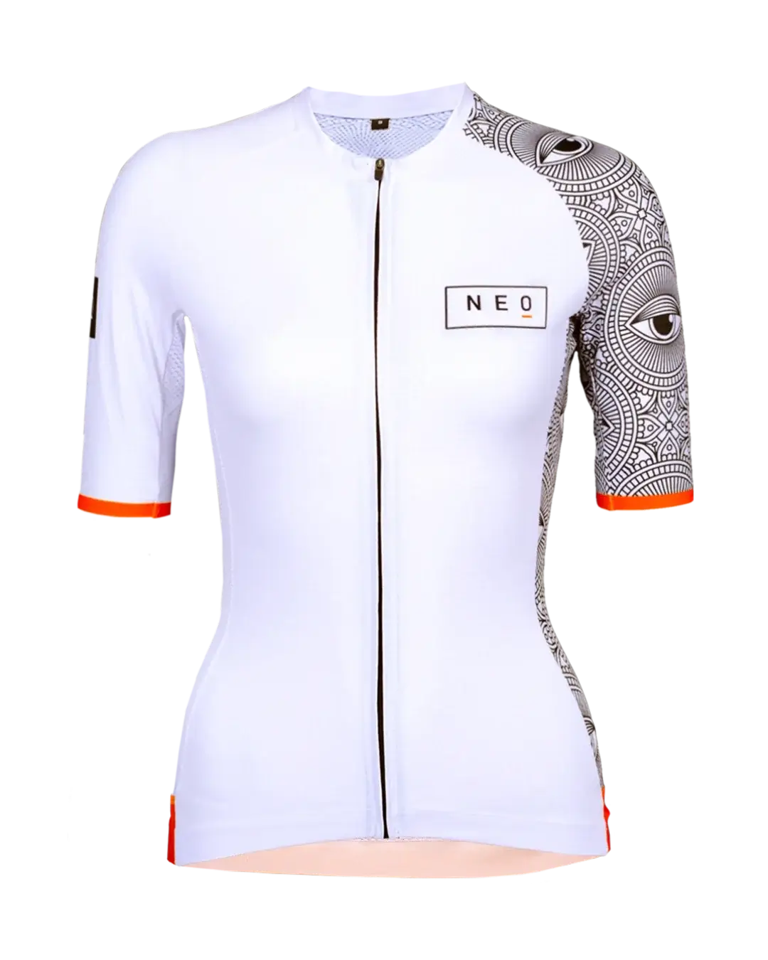 Women's Neo Hyphen All-Seeing Eye cycling jersey in white with vibrant orange details.