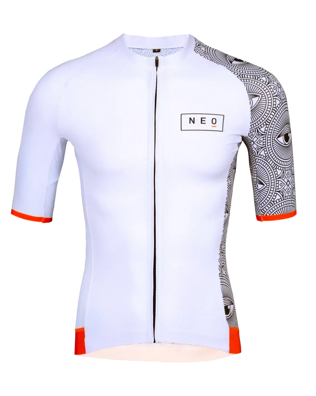 Men's Neo Hyphen All-Seeing Eye Jersey in white with striking orange accents displayed.