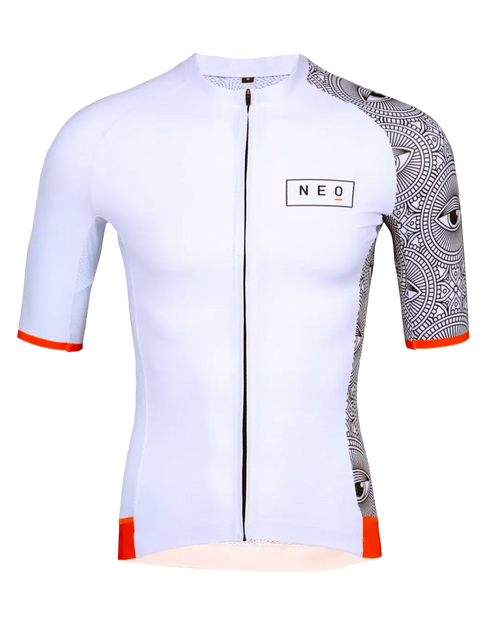 Men's Neo Hyphen All-Seeing Eye Jersey in white with striking orange accents displayed.