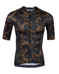 Neo Hyphen Le Croissant Jersey for men, showcasing a stylish black and gold design with croissants printed on it.