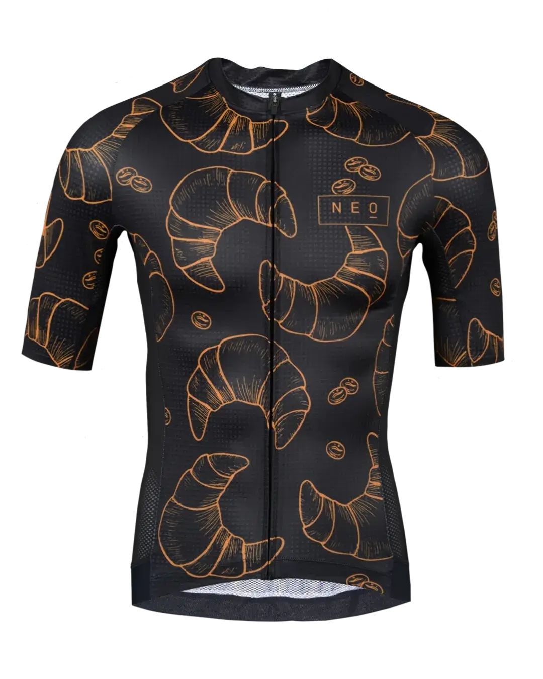Neo Hyphen Le Croissant Jersey for men, showcasing a stylish black and gold design with croissants printed on it.