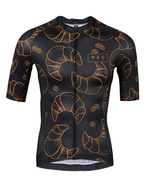 Neo Hyphen Le Croissant Jersey for men, showcasing a stylish black and gold design with croissants printed on it.
