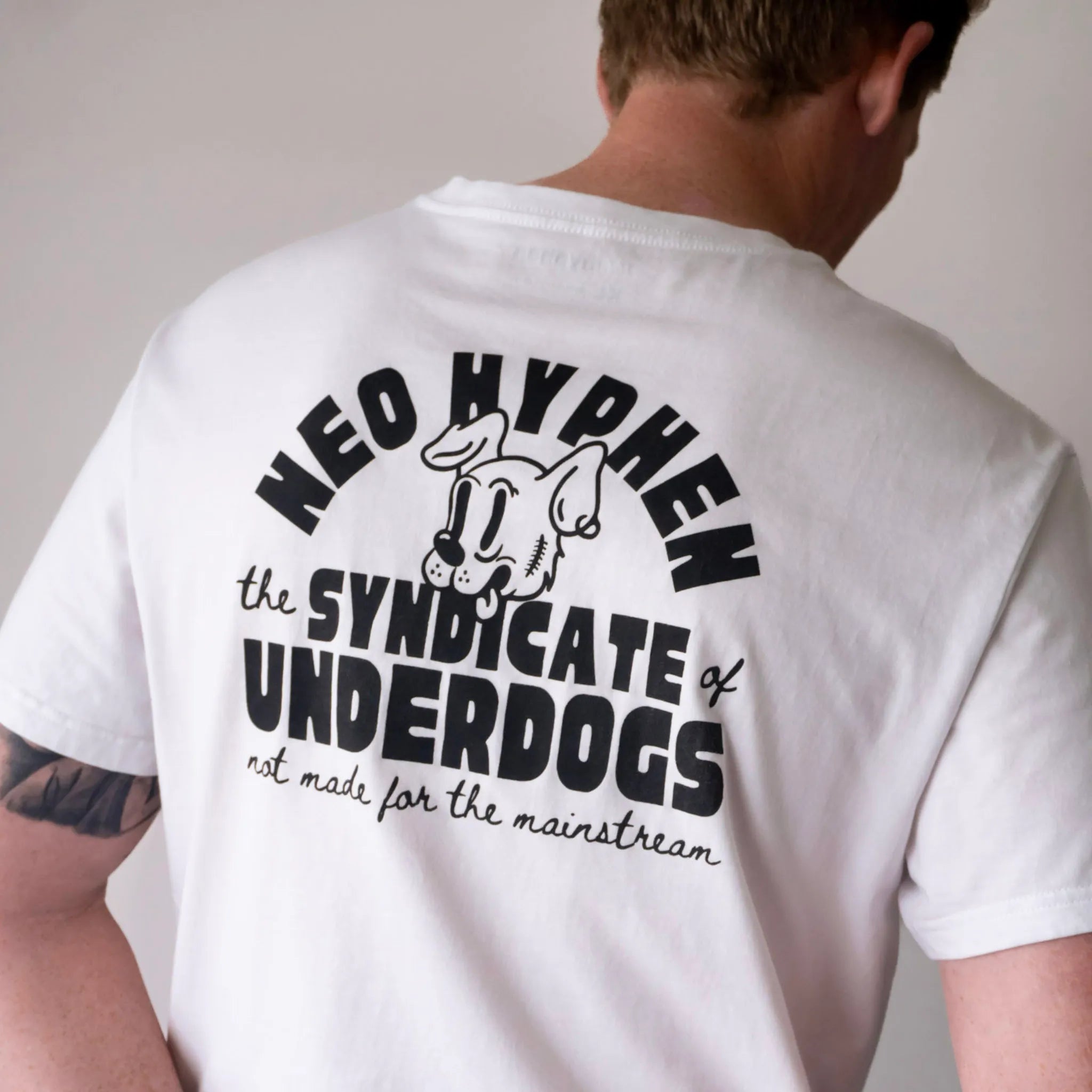 Neo Hyphen Syndicate of Underdogs t-shirt, 100% organic cotton, relaxed fit with bold back print, street style apparel.