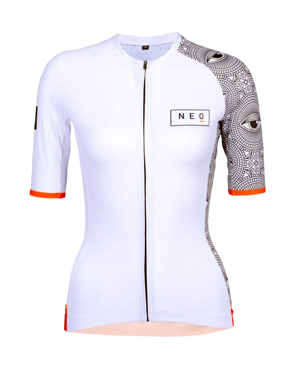 Women's Neo Hyphen All-Seeing Eye cycling jersey in white with vibrant orange details.