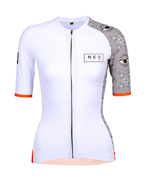 Women's Neo Hyphen All-Seeing Eye cycling jersey in white with vibrant orange details.