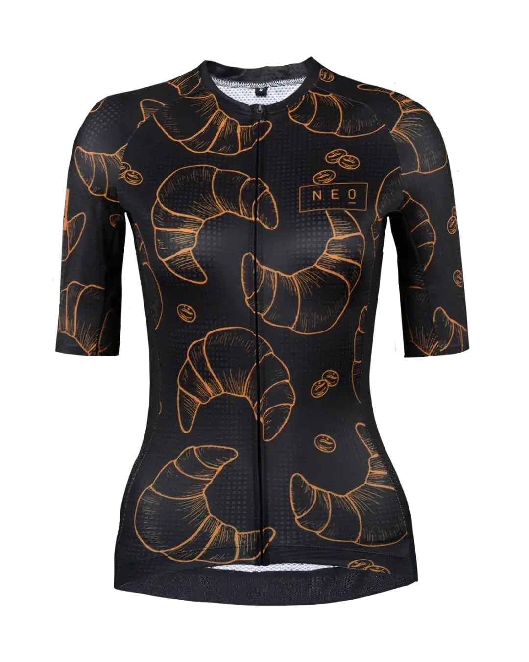 Women's Neo Hyphen Le Croissant cycling jersey featuring a playful croissant pattern.