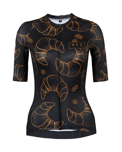 Women's Neo Hyphen Le Croissant cycling jersey featuring a playful croissant pattern.